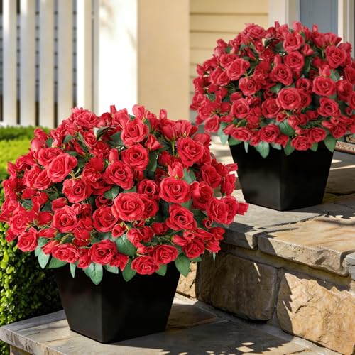 Juxdp 8 Bundles Artificial Roses, Realistic Silk Bouquet Flower(Red) | Fluffy and Vivid, Fade-resistant, Faux Rose Plants, for Front Door/Garden/Farmhouse/Home/Outdoor/Spring/Summer Decor - color: Red