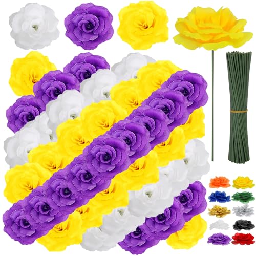 LELEE 108pcs Roses Head Flowers with Stem, Yellow Purple White Artificial Flowers Rose Bulk, Silk Rose Fake Flower for Memorial Day Wedding Bouquet DIY Baby Shower Centerpieces Outdoor Grave Decor - color: Yellow-purple-white