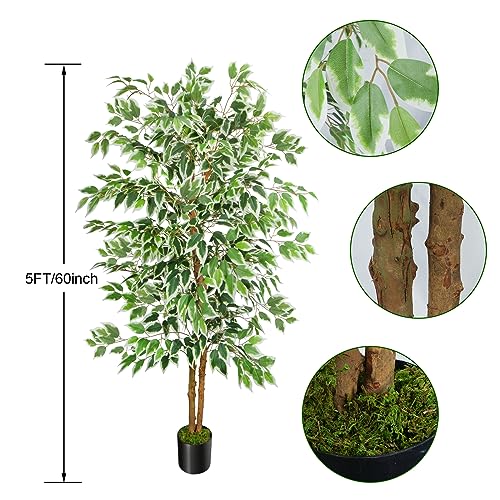 GTIDEA 5ft Ficus Tree Artificial, Tall Fake Tree with Natural Trunk Faux Trees Indoor Silk Ficus Leaves Artificial Trees for Home Decor Indoor Summer Office Living Room Outdoor (Included Dried Moss) - color: 5ft Ficus Tree (No Vase)