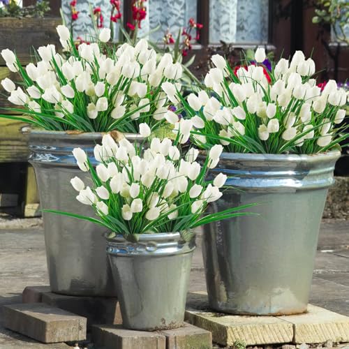 12 Bundles Tulips Artificial Flowers, 60 Heads Outdoor Artificial Tulip Faux Plastic Greenery Shrubs Plants UV Resistant for Easter Home Outside Garden Porch Window Decor (White) - color: White, size: 12 PCS