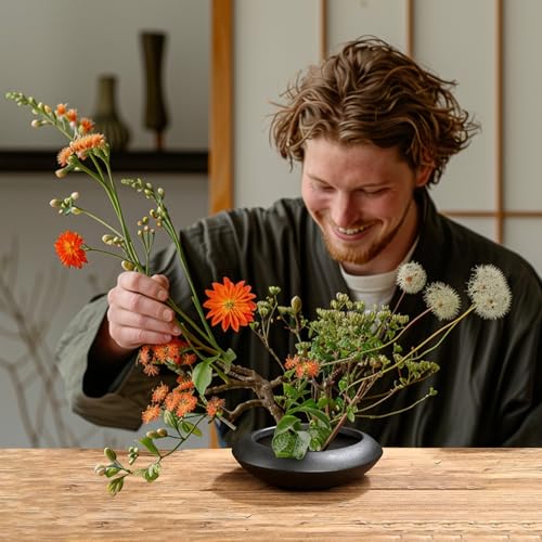 Ikebana Vase Kit Ceramic Flower Frog Vase with Stainless Kenzan Japanese Ikebana Flower Arrangement Pot for Floral Displays Moss & Hydroponic Plants Zen Decor Gift (Black Small Size) - color: Black Small Size