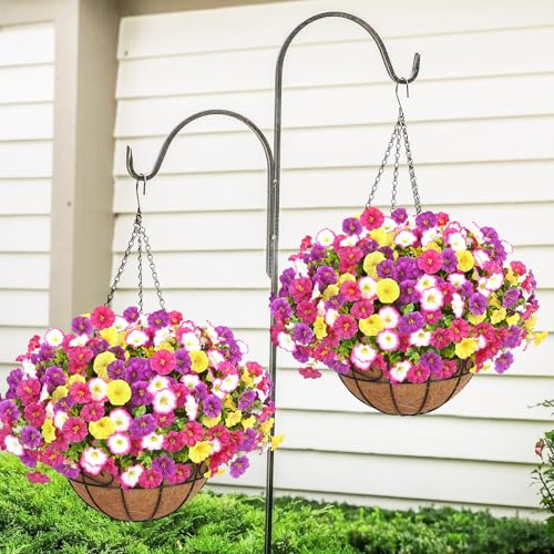 Elyum 2 Pack Artificial Hanging Flowers for Outdoors, Fake Flowers Artificial Petunias Hanging Baskets for Outdoors, UV Resistant Fake Hanging Plants Flowers for Outside Garden Patio Porch Decor - color: Mixed Colors 1, size: 2 Pack