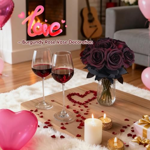 Felice Arts 12 Pack Burgundy Roses Artificial Flowers with Black Stems Fake Flowers Bouquet for Valentines Wedding Table Vase Home Indoor Kitchen Party DIY Vampire Decor - color: Burgundy
