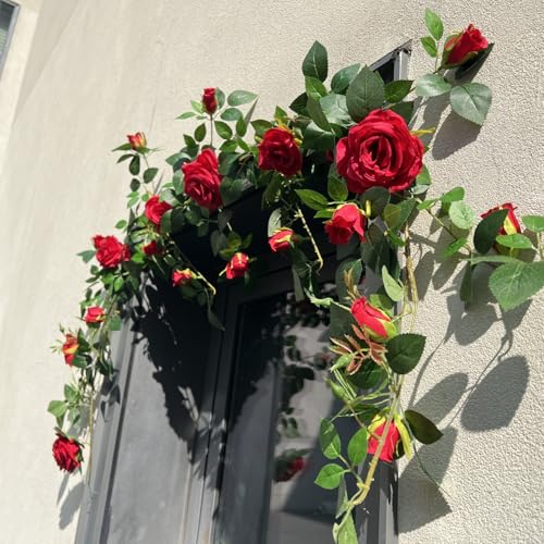 5.9FT Bendable Rose Flower Garlands, Artificial Silk Wild Roses Vine Hanging Flowers for Wall Fireplace Fence Table centerpieces Trellis Wedding Indoor Outdoor Spring Decor（Red,1PC） - color: Red, size: 1
