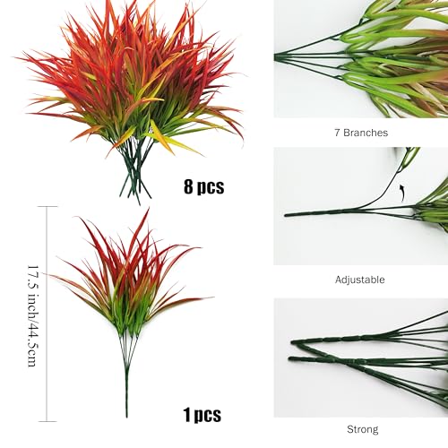 Outdoor Artificial Plants 8 Bundles Fake Plants Grass UV Resistant Fake Flowers Bush Greenery,17Inch Tall Faux Grass Shrubs for Home Porch Pathway Garden Décor Outside Indoor (red) - color: Red