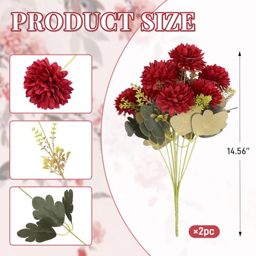 18 Heads Red Artificial Chrysanthemum Flowers Fake Mums Red Kiku Ball Flowers Bouquet Silk Chrysanthemums for Indoor Outdoor Table Centerpiece Vase Wedding Decoration, 2 Pcs - color: Red Chrysanthemum