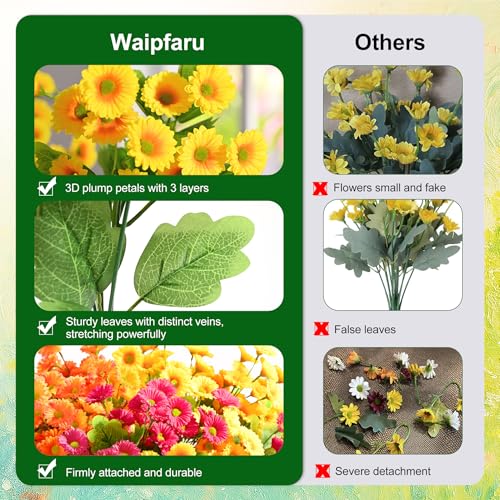 Waipfaru Artificial Flowers for Outdoors Faux Plants, UV Resistant Artificial Outdoor Flowers, Silk Daisy Realistic Fake Mums Flower for Front Porch Spring Home Planter Patio Decor, 12 Bundles, Mix - color: Yellow, Orange, Rose Red, size: 12 PCS