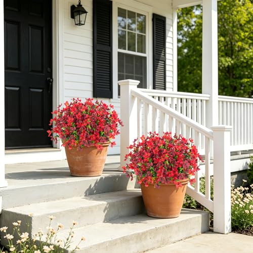 Artificial Faux Plants Flowers Outdoor Spring Summer Decoration, 12 Bundles Fake Silk Colorful Daisy Eucalyptus Realistic UV Resistant for Outside Home Planter Porch Patio Yard Decor (Red Brown) - color: Burgundy & Brown B