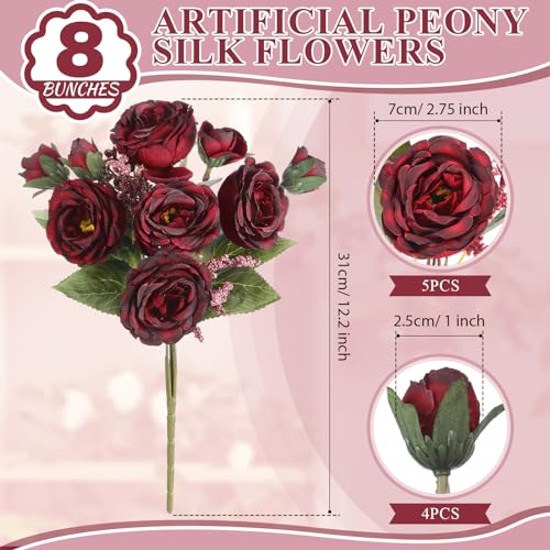 8 Bundles Artificial Peonies Flowers Boho Faux Flowers Arrangements Artificial Centerpiece Spring Bouquet Floral Wedding Decoration for Vase(Burgundy) - color: Burgundy