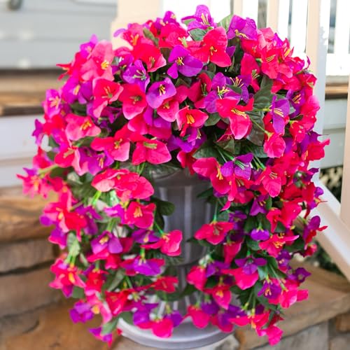 HyeFlora Bougainvillea Artificial Hanging Flowers Plants for Outdoors Decoration, 2pcs Fake Flowers Silk Bougainvillea Vines Realistic UV Resistant Faux Flowers for Outdoor Planters Porch Patio, Mix - color: Purple + Hot Pink