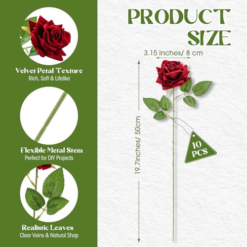 Zeyune 10 Pcs Velvet Red Fake Roses Artificial Flowers, and Real to Touch Rose Faux Long Stem Florals for DIY Wedding Centerpieces Party Home Decor