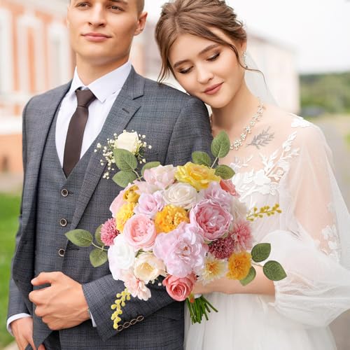 Kisflower Flowers Artificial Combo Cake Flowers Decorations Fake for DIY Wedding Bridal Bouquet Centerpieces Arrangements (Pink Yellow) - color: Pink Yellow