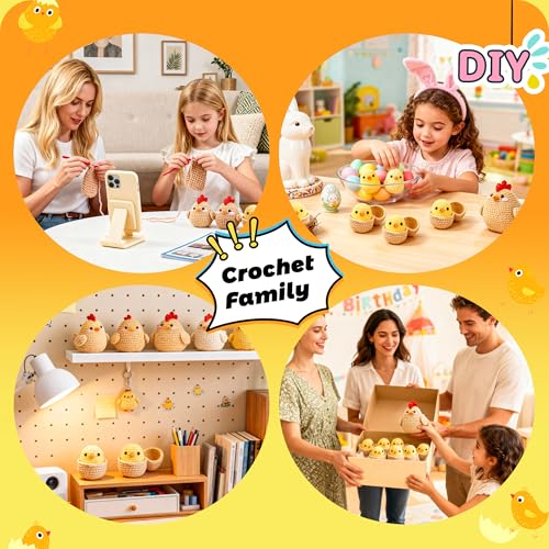 Joyclub Crochet Kit for Beginners 4 Pcs Chicken Family Amigurumi Crochet Starter Kits with Step-by-Step Video Tutorials DIY Craft Gift for Adults Kitting Lovers Mother Teacher Student - color: Crochet Chicken