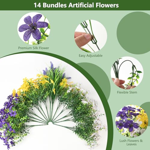 Artificial Flowers for Outdoors UV Resistant, 14 Bundles Fake Flowers Daisy with Lavender Faux Outdoor Plants Silk Flower for Outside Planters Patio Porch Window Garden Yard Spring Summer Decoration - color: Deep Purple Yellow White