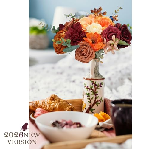 Champane and Red Artificial Flowers Combo Silk Mix Fake Flowers with Stem for DIY Wedding Arch Bridal Bouquets Baby Shower Centerpieces Party Wall Home Decorations - color: Orange&red