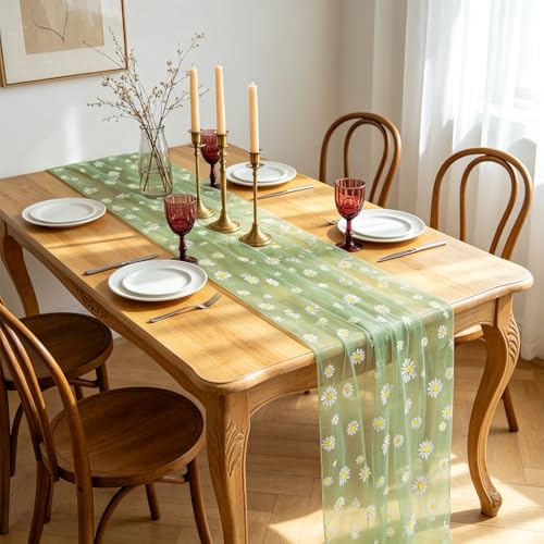 Daisy Gauze Table Runner 120 Inch 10FT, Floral Flower Tulle Table Runner Seasonal Kitchen Dining Table Decorations for Party Wedding Christmas Holiday Birthday (Green) - color: Green