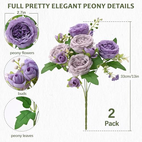MARTINE MALL 2 Packs Peonies Artificial Flowers, Mixed Purple Artificial Peonies, Silk Peonies Flowers Fake Peonies Artificial Peony Flowers for Centerpiece Table Wedding Party Home Decor - color: Mixed Purple, size: 2PCS