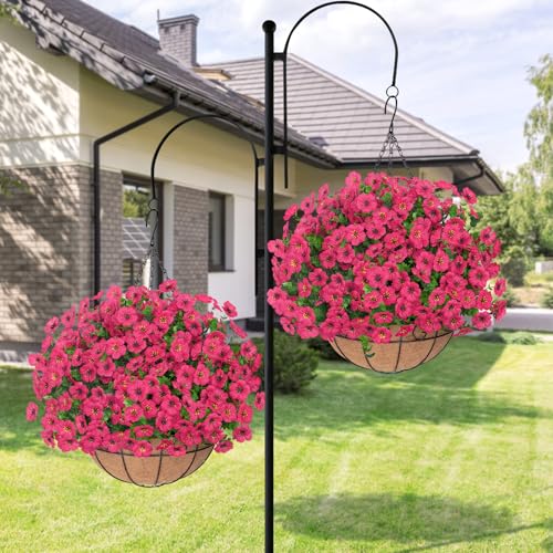 Bassion Artificial Hanging Flowers for Outdoors, UV Resistant Silk Flowers Basket Fuchsia Faux Daisy with Eucalyptus Leaves Hanging Fake Plants for Porch Balcony Patio Home Spring Summer Decoration - color: Fuchsia