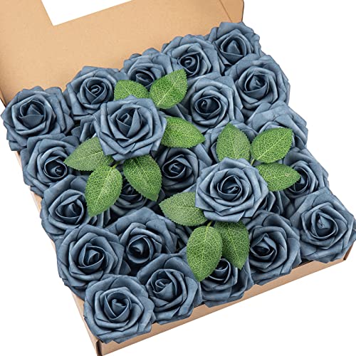 DuHouse 25Pcs Artificial Roses Flowers Fake Roses with Stems Real Touch Foam Flowers for DIY Wedding Bouquet Party Centerpiece Floral Arrangement Party Home Decor(Dusty Blue) - color: Dusty Blue, size: 25pcs