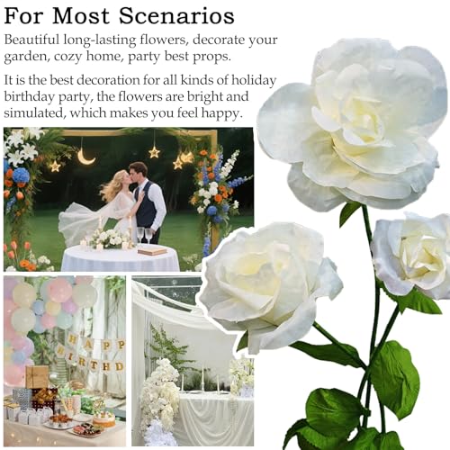 Giant Artificial Flower 3PCS 3D Realistic Waterproof Fake Flowers Durable Easy Maintenance Perfect for Home Garden Weddings Events Christmas Graduation Party Decorations (3PCS-Roses-White) - color: 3pcs-roses-white