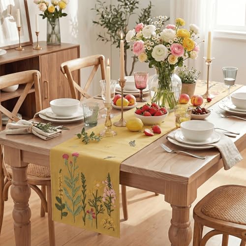 Artoid Mode Light Camel Soft Chain Embroidery Wild Floral Spring Table Runner, Seasonal Summer Kitchen Dining Table Decoration for Home Party Decor 13x72 Inch - color: Light Camel, size: 13" x 72", Table Runner