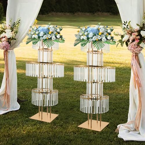 2Pcs 5 Tiers Wedding Centerpieces Vase, 43.3" Tall Wedding Centerpieces Crystal Flower Stand, 5-Tier Crystal Vase with 11.81" Square Base for Party Event Home Decoration (Gold) - color: Gold+square Base