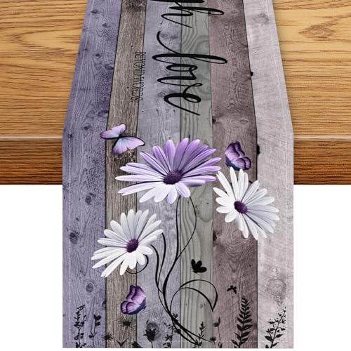 Daisy Floral Table Runner, Rustic Purple Wild Flowers Wooden Boho Spring Butterfly Coffee Table Center Decor for Family Kitchen Outdoor Farmhouse Holiday Party Table Decorations, 13"x36" - color: Daisy-5, size: 13“ X 36"