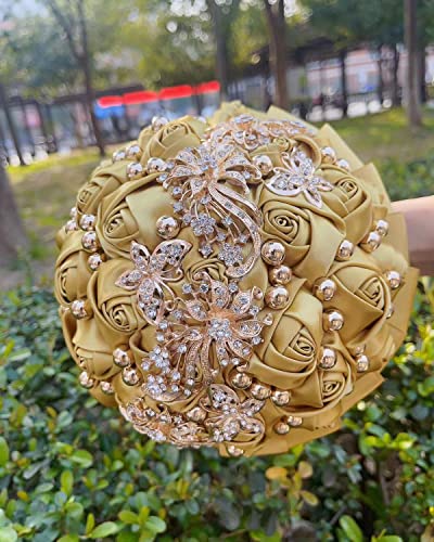 A Bunch Golden Bridal Wedding Bouquet Satin Rose Bouquet with Ribbon Diamond W306-20 Light Golden - color: Light Golden