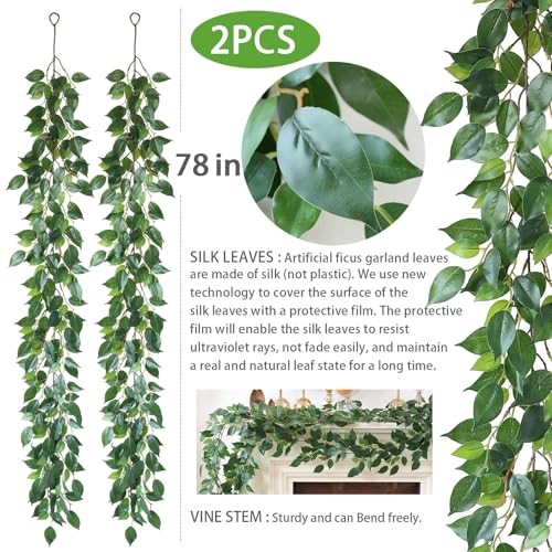 Mizii 2 Strands Artificial Vines Ficus Garland 78" Fake Vine with Silk Green Leaves Faux Hanging Plants Greenery Decorations for Bedroom Table Centerpieces Wall Party Wedding Room Decor (Ficus) - color: Ficus