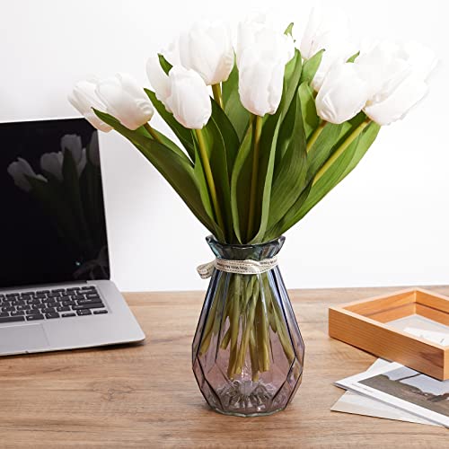 20PCS Artificial Tulips Real Touch Faux Flower Moisturizing Tulips for Photography Ornaments Home Garden Wedding Party Decor Fake Flowers (White) - color: White