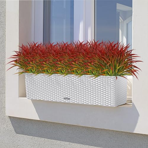 Ouddy Decor 16 Bundles Artificial Plants Outdoor Fake Grass Greenery Stems UV Resistant Faux Plastic Plants Shrubs for Spring Summer Garden Pathway Window Box Farmhouse Front Porch Home Decor, Red - color: Red