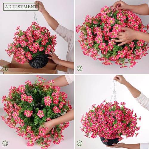 VIERENA 2 Sets Artificial Morning Glory and Eucalyptus Hanging Basket for Outdoor, UV-Resistant Fake Flower Hanging Basket, Suitable for Porch, Aisle, Garden, Patio, Eaves Decor (Rose Red) - color: Rose Red