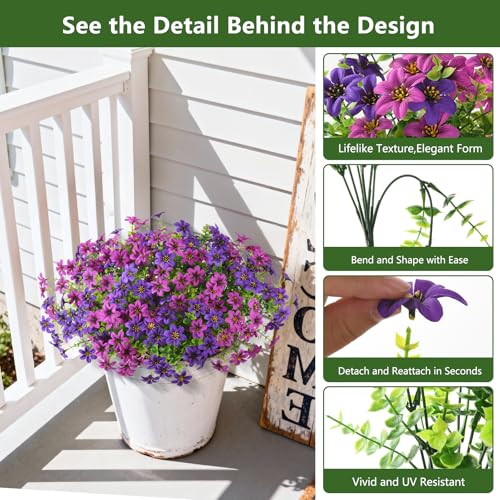 Artificial Flowers for Outdoor Faux Flower Spring Decoration, 12 Bundles Fake Plants Silk Daisy Bulk UV Resistant Realistic for Outside Porch Patio Balcony Planter Yard Garden Home Decor(Purple) - color: Multicolor Blend 4
