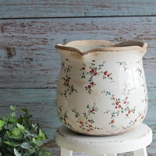 Ceramic Pots for Plants, Vintage Plant Pot with Drainage Hole, 6.11in. Planter for Indoor Plants, Crackle Glaze Finish Flower Pot, Perfect Tuscan Ceramic Planter for Gardening, Small Red Blooms - color: Small Red Blooms