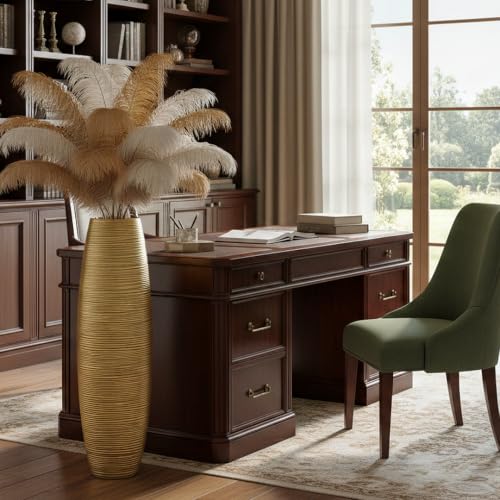 Large Floor Vase 35.4" Gloss Gold, Resin Wide-Body Vase with Horizontal Ribbed Texture for Dried Pampas Grass Branches, Modern Home Decor for Living Room Corner Entryway - color: Gold, size: 35.43 in