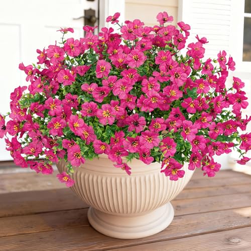 Bassion Artificial Flowers for Outdoors, 16 Bundles UV Resistant Fake Flowers Realistic Silk Faux Plants for Outdoor Planter Window Box Porch Patio Garden Home Outside Decorations - color: Fuchsia