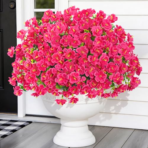 MARTINE MALL 12 Bundles Look Real Artificial Flowers for Outdoors, Realistic Fake Outdoor Flowers, UV Resistant Silk Flowers for Outside Faux Flowers Plants for Outdoor planters Porch, Rose Red - color: Rose Red, size: 12 Bundles