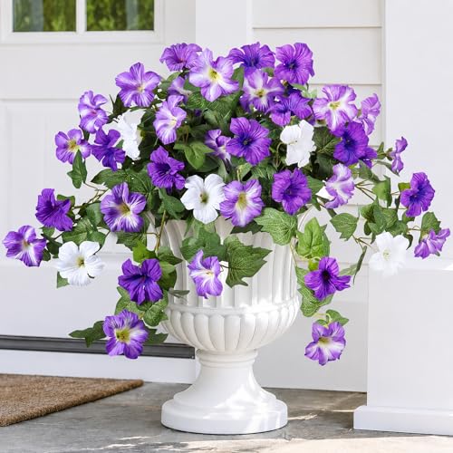 HyeFlora Artificial Flowers for Outdoors 2PCS Faux Petunias Silk Fake Flowers for Outside Planter UV Resistant Realistic Home Garden Porch Decor (Purple) - color: Purple