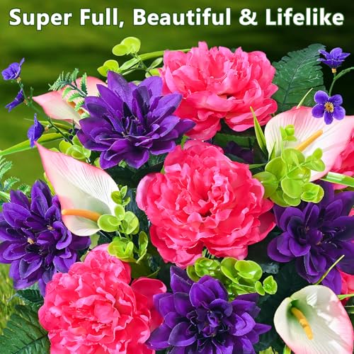Dolicer Artificial Cemetery Flowers for Grave, Set of 2 Memorial Grave Flowers for Cemetery with Vase Realistic Silk Gravesites UV Resistant Peony Flowers Decorations (Red with Purple) - color: Purple-red