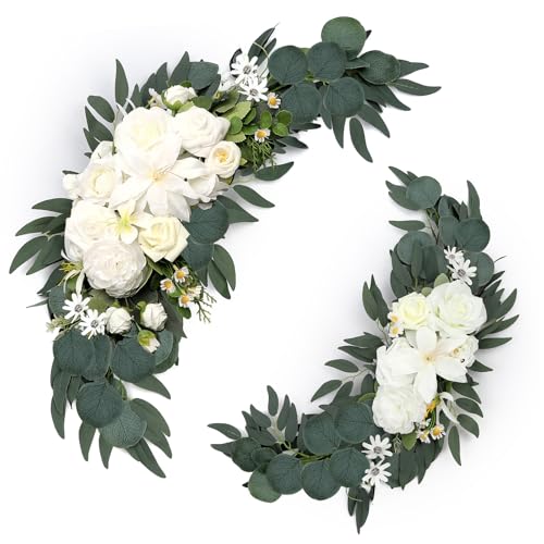 Wedding Arch Flowers 2 Pack, Artificial White Roses and Greenery Swag for Welcome Sign Decorations, Ceremony Backdrop, Reception Arch Decor - color: White