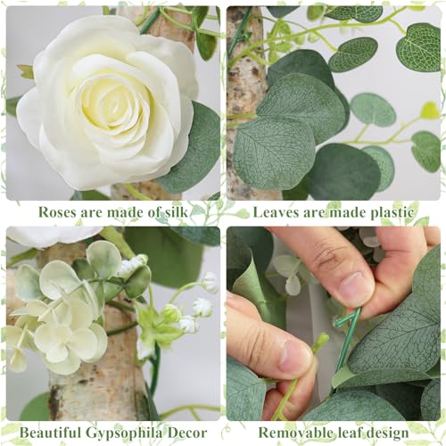 TOCHGREEN 4Pcs(26 Ft) Artificial Eucalyptus & White Rose Flower Garland, Faux Rose Vine & Gypsophila Greenery for Party & Wedding Decor (White, 4PCS) - color: White, size: 4PCS
