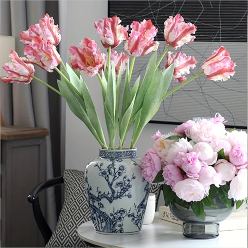 3Pcs 3D Parrot Tulips Artificial Flowers Faux Tulips Real Touch Long Stem Fake Tulips Bouquet for Home Office Wedding Table Decor 27.56" Tall-White Green - color: White Green