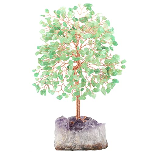 Crystal Tree of Life,Natural Green Aventurine (406 Beads Count) Amethyst Cluster Base, Positive Energy Feng Shui Gem Bonsai Money Tree Good Luck,Gift Size 8.5-9 Inches - color: Aventurine With Amethyst Cluster Base