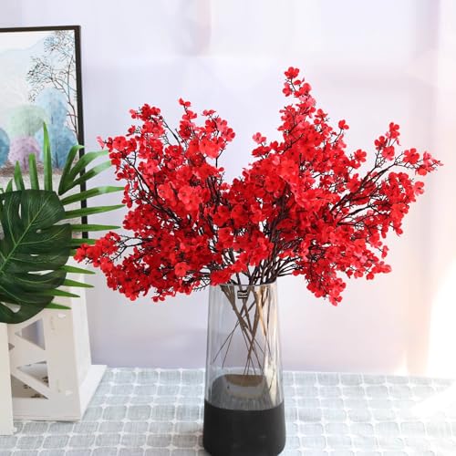1PCS Artificial Long Gypsophila Colorful Plum Blossom Home Bouquet Faux Flowers Autumn Garden Party Decoration (Red-1PCS) - color: Red-2pcs