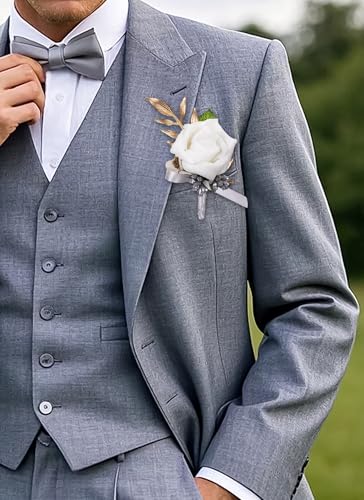 Boutonniere and Cosrage Set for Wedding - 2 Pcs Artificial Flowers Wrist Corsage and Boutonniere Set for Prom Dancing Party, Boutonniere Corsage Wristlet for Bride Groom Groomsmen Anniversary Ceremony - color: White
