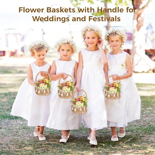 4 Pcs Flower Baskets with Handle, 5.1 x 7.5 Inches Wicker Rattan Lightweight Floral Baskets for Gardening Festival Parties