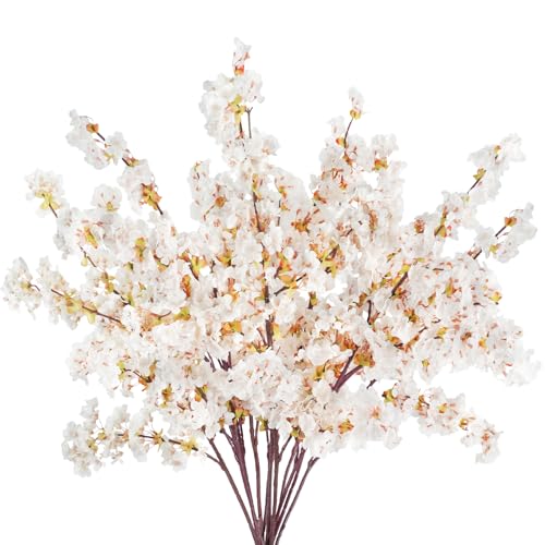 12 Pcs Artificial Cherry Blossom Flowers 40" Faux Silk Cherry Blossom Stems Fake Real Touch Peach Branches for Wedding Home Garden Japanese Decor Ivory White - color: Ivory White