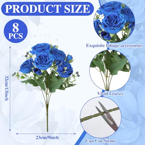 8 Pack Royal Blue Peonies Artificial Flowers, Faux Floral Fake Silk Hydrangea Bouquet for Bridal Wedding Home Table Decor Reusable Dining Opening Ceremony Birthday Arrangement - color: Royal Blue