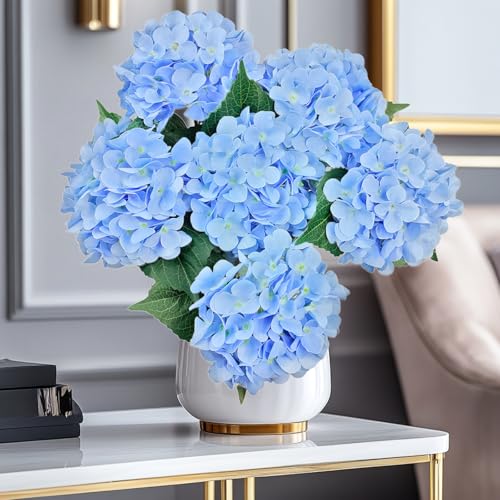 6PCS Blue Hydrangea Artificial Flowers, Bulk Silk Fake Flower with Stems, Faux Hydrangeas Bouquets for Home Décor, Wedding, Party, and Office Table Centerpieces. - color: Blue