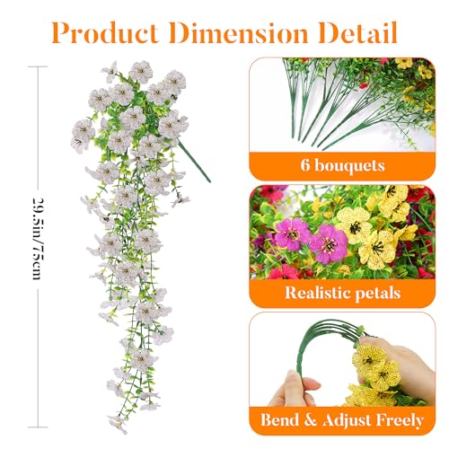 AGIRL 6 Bundles Artificial Hanging Flowers for Outdoor Spring Summer Decor,UV Resistant Faux Silk Flowers,Fake Plants with Realistic Look for Outside Indoor Planter Garden,Patio,Balcony,Porch and Yard - color: Red+yellow+fuchsia+purple+pink+white